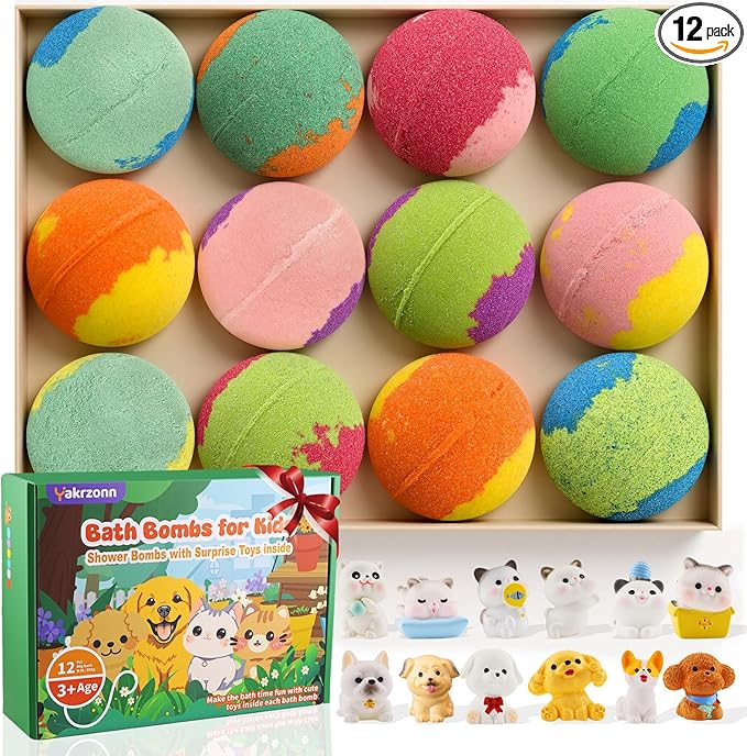 Bath Bombs for Kids with Surprise Toys Inside, 12 Pcs Kids Bath Bombs with Cat Dog Toys, Natural Safe Bathbombs for Moisturizing Sensitive Skin, Fun Bubble Bath Fizzies Gift for Boys Girls Toddlers