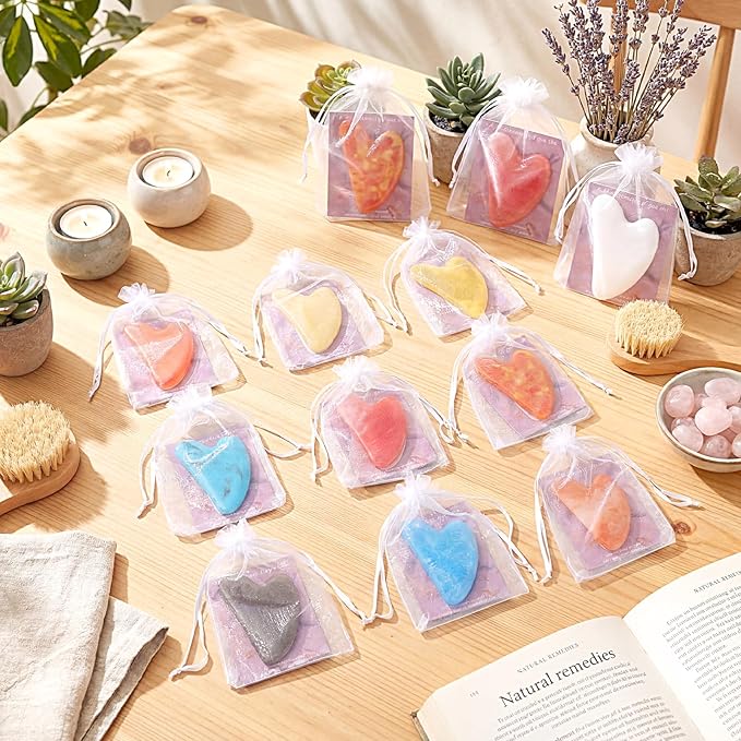 Sherr 24 Sets Gua Sha Facial Tools Bulk Resin Heart Shaped Guasha Boards with Organza Pouch and Cards for Face Body Massage Relaxation Self Care Ideal Spa Acupuncture Prevent Wrinkles(Deep Colors)