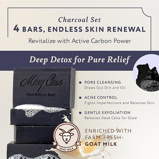 Mary Case Goat Milk & Activated Charcoal Bar Soap Set of 4 | Natural Soap with Olive & Coconut Oils | Deep Cleansing, Detoxifying & Purifying Bath Soap Bars for Sensitive & Oily Skin