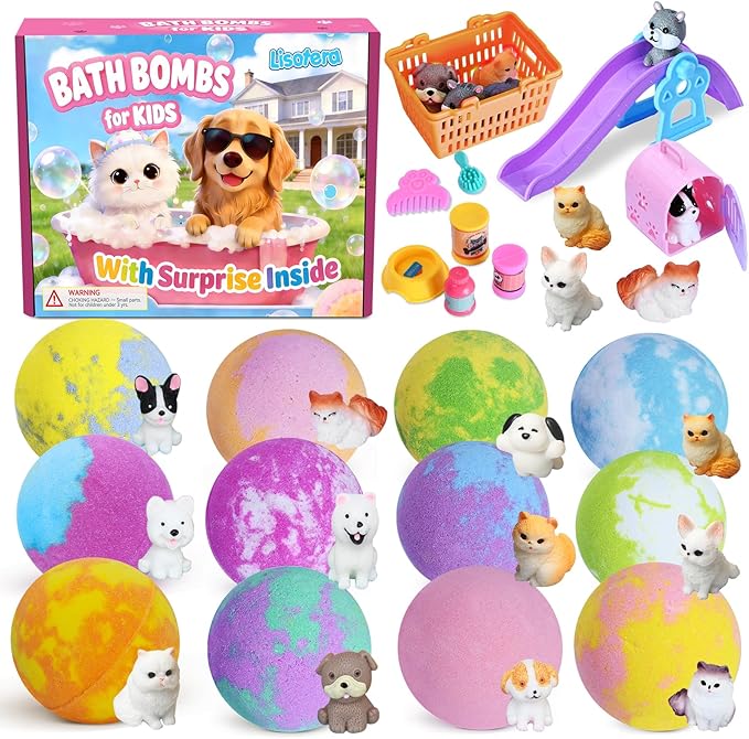 Kids Bath Bombs with Surprise Inside, Dog & Cat Toys Pretend Playset, Bubble BathBombs Fizzies 12 Pack Gift Set for Boys Grils, Birthdays Halloween Christmas Gift for Boys Girls