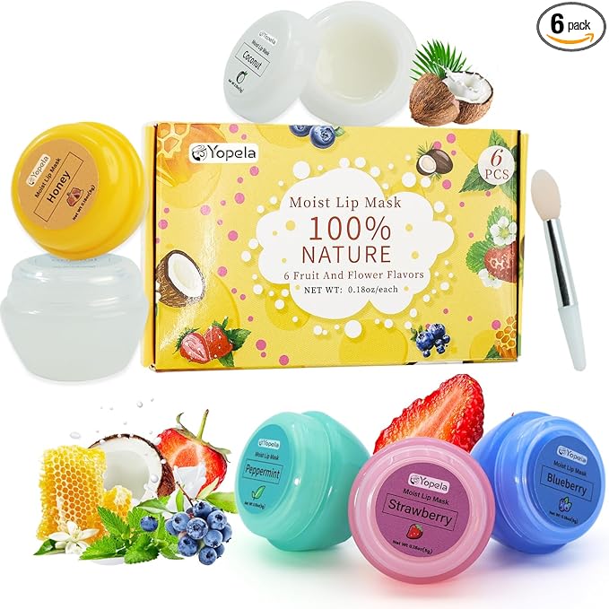 6 Pack Cute Lip Mask Sleeping Overnight for Dry Lips with Coconut Oil and Beeswax -Smoothing Hydrating Softening Plumoing Moisturizing with Small Lip Brush 6 Flavors Valentine's Gift for Women 0.18 Oz