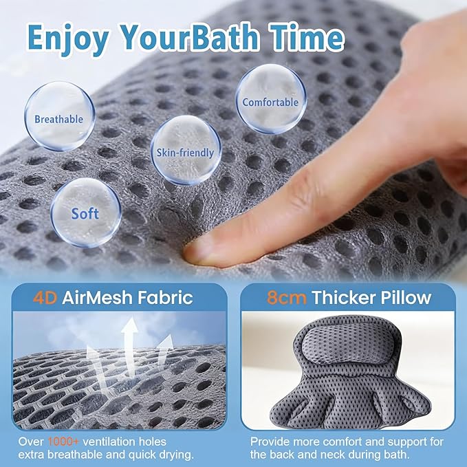 Luxury Bath Pillow for Tub - 4D Air Mesh Head/Neck/Back Support with 6 Non-Slip Suction Cups (Gray)