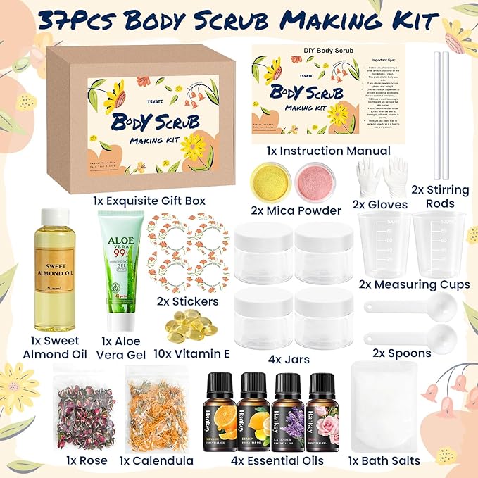 TSVATE Body Scrub Making Kit- Make Your Own Salt Body Scrub, Salt Scrub for Body with Almond Oil, Moisturizing and Exfoliating Dry Skin Hand Foot, DIY Organic Body Care Gifts For Women & Men