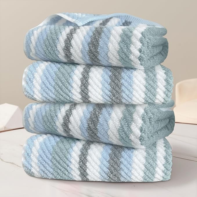 100% Cotton Blue Striped Hand Towels Set of 4, 16x27 Inches, Quick Dry & Highly Absorbent Soft Lightweight Towels for Bathroom, Shower, Guest Room, Luxury Blue & Gray Stripe Towel Gift Set