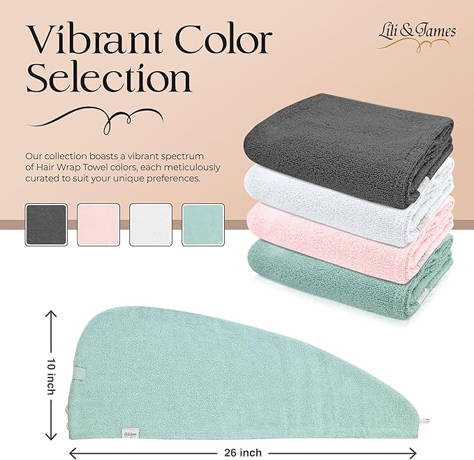 Lili&James 100% Cotton Hair Towel Wrap for Women/Kids | Quick Dry, Soft & Absorbent Hair Wrap Towels with Double Button | Anti Frizz, Non Microfiber Hair Turbans for Curly, Long & Thick Hair (Aqua)
