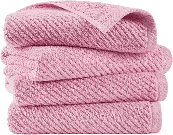 Madison Park 4-Piece Hand Towel Set for Bathroom 18" x 28" Diagonal Ribbed, Pink - 100% Cotton Soft Quick Dry & Absorbent Gift | Zero Twist, 500 GSM, Oeko-TEX, Hotel Quality