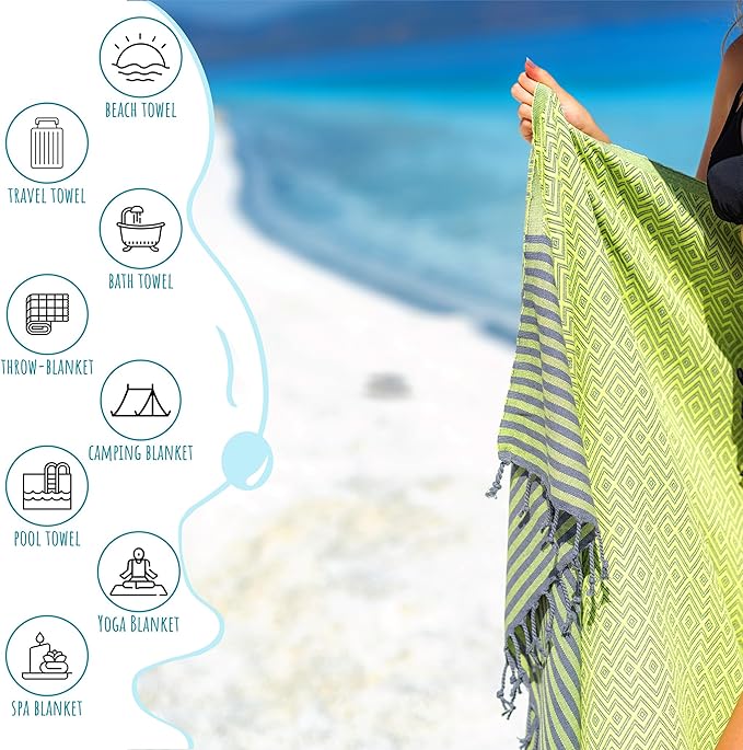 RAY SILVER Turkish Beach Towel – 100% Turkish Cotton 40"x71" Quick Dry Oversized Beach Towel Sand Free Lightweight Turkish Towel for Travel Camping Bath Sauna Beach Pool Gym Yoga