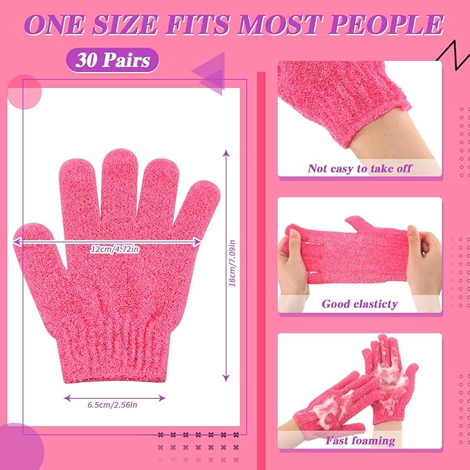 Ramede 30 Pair Exfoliating Glove Double Sided Exfoliating Bath Gloves Pack Nylon Colorful Shower for Men Women Beauty Spa Massage Shower Deep Clean Body Skin Bathing Scrubber Disposable(Rose Red)
