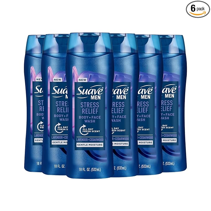 Suave Men’s Stress Relief Body + Face Wash, Gentle Moisture with Lavender & Cedarwood All Day Fresh Scent, 18 oz, 6 Pack