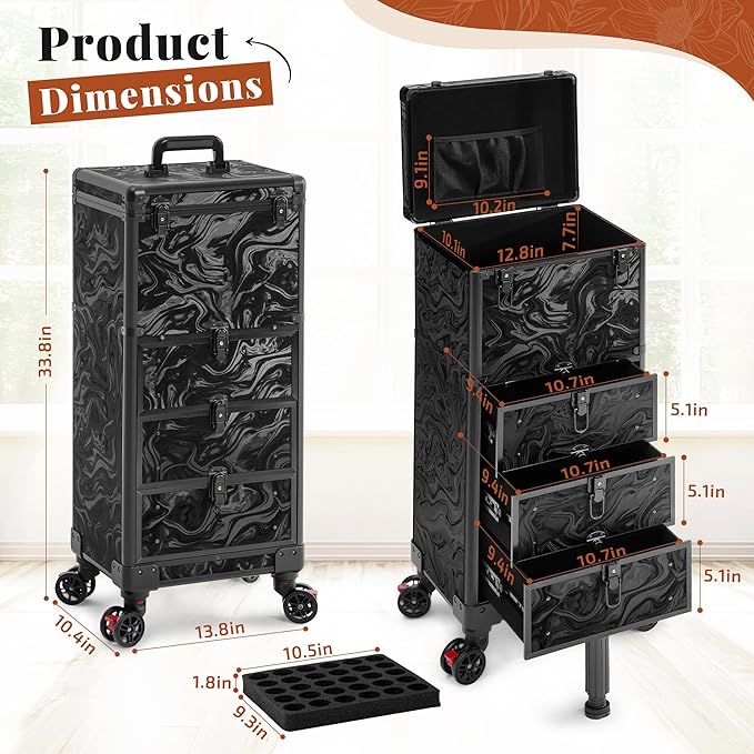Rolling Makeup Train Case with 3 Drawers, Nail Trolley Cart Salon Station Cosmetology Case on Wheels Organizer Cases for Nail Tech,SPA,Face Painting,Hairstylist,Makeup Artist (Ink Black)