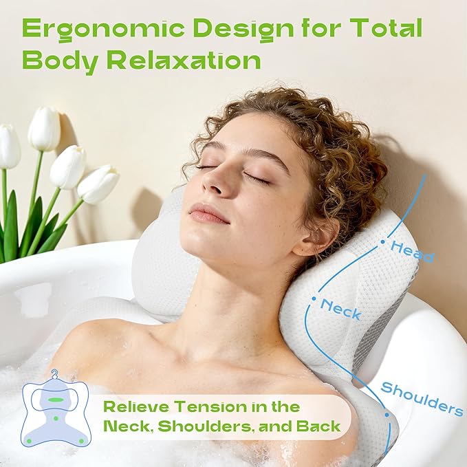 Luxury Full Body Bath Pillow for Tub - 4D Air Mesh Bathtub Cushion Mat with Extra Thick Neck, Back & Lumbar Support - Ergonomic Spa Pillow for Headrest & Shoulder Relief, Non-Slip, White