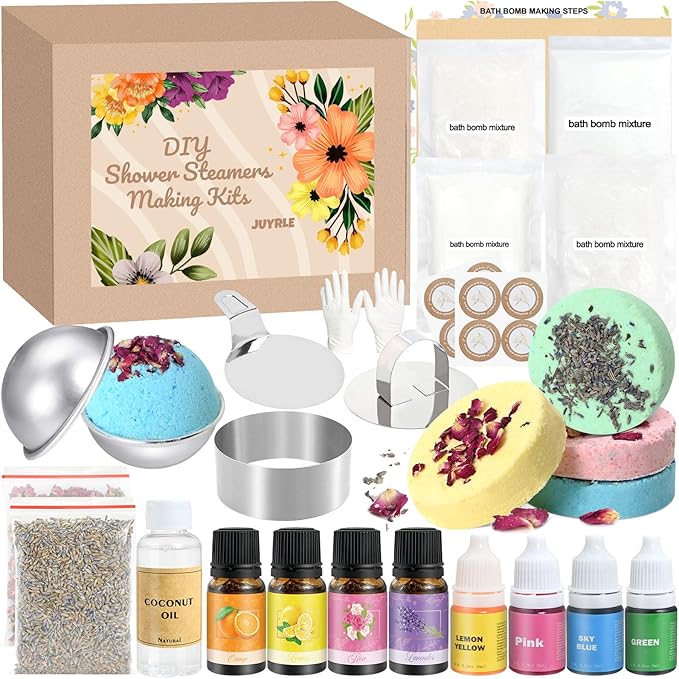 JUYRLE Bath Bomb Making Kit- 49Pcs DIY Bath Bomb Kit for Aldult, Make Your Own Shower Bombs, Spa Craft Kits with Bath Bomb Press, Molds, Bath & Bathing Making Supplies Gifts for Mom Women