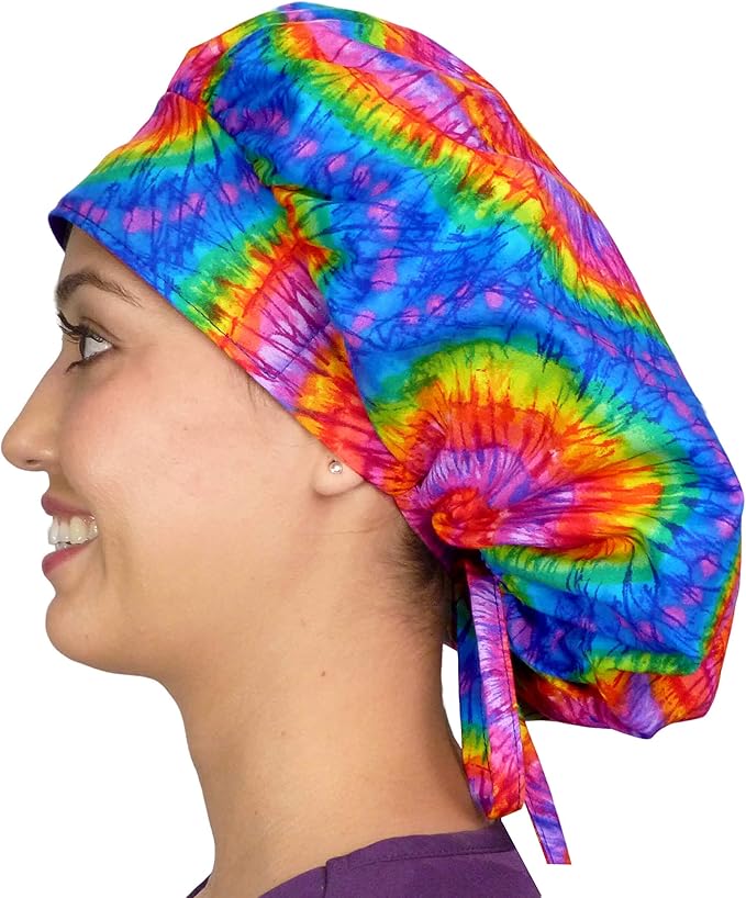 Sparkling EARTH Banded Bouffant Surgical Scrub Ponytail Working Caps and Built-in Sweatband - 100% Cotton - Made in The USA