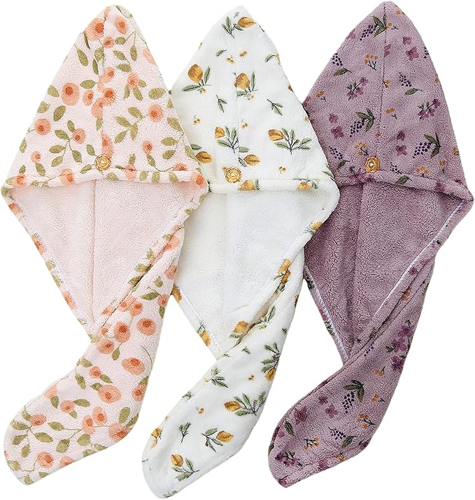 3 PCS Hair Towel Wrap Cute Pastel Floral Print Microfiber Fleece Hair Drying Towel Cap Soft Quick Dry for Women Bath Spa (Flower)