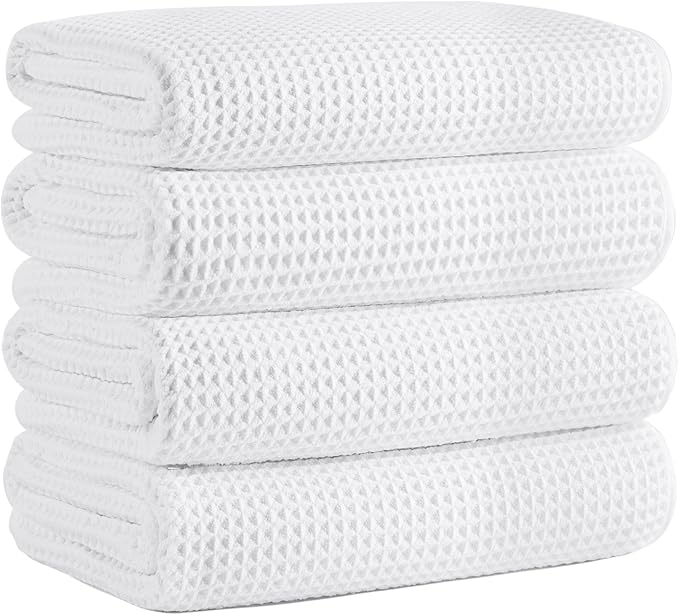 Microfiber Waffle Bath Towels, 4 Pieces, Soft, Absorbent, Fast Drying, Lint Free 430 GSM (White)