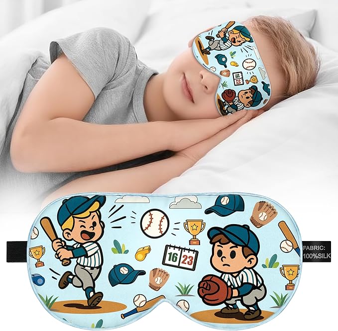 Kids Silk Sleep Mask – 100% Mulberry Silk Eye Cover, Kid Eye Mask with Adjustable Strap, Soft & Breathable Blackout Sleeping Mask for Boys and Girls Ages 5-15 (Baseball Style)