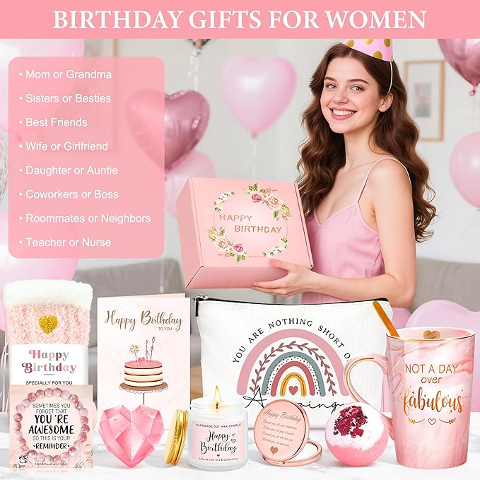 Birthday Gifts for Women Happy Birthday Gift Baskets for Women Unique Not A Day Over Fabulous Mug Gift ideas Pink Gifts Box Set Presents for Her Friends Mom Sister Wife Coworkers Daughter Aunt Mom