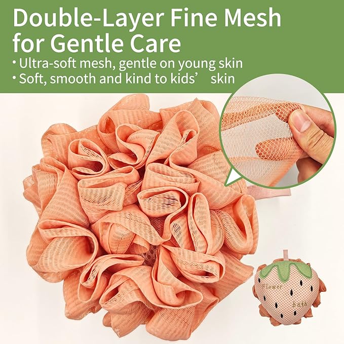 Kids Bath Sponge,Cute Kids Loofah Frog&Strawberry Shower Pouf,Soft Mesh Bath Loofah Fun Bath Accessories for Boys and Girls