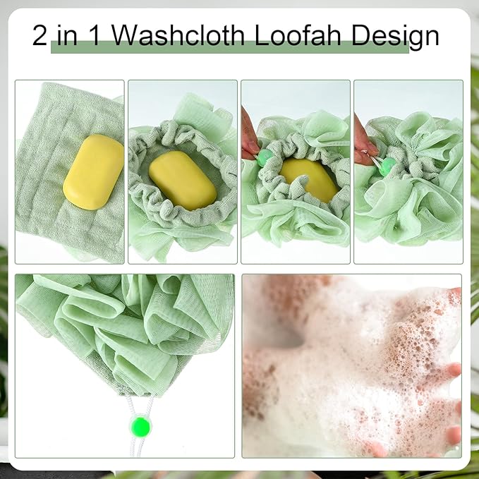 3 Pcs Washcloth Loofah Combo, 2 in 1 Bath Loofah Sponge with Drawstring, Exfoliation Mesh Shower Puff Ball for Body Wash Cleansing and Smooth Skin (Pink Beige Green)