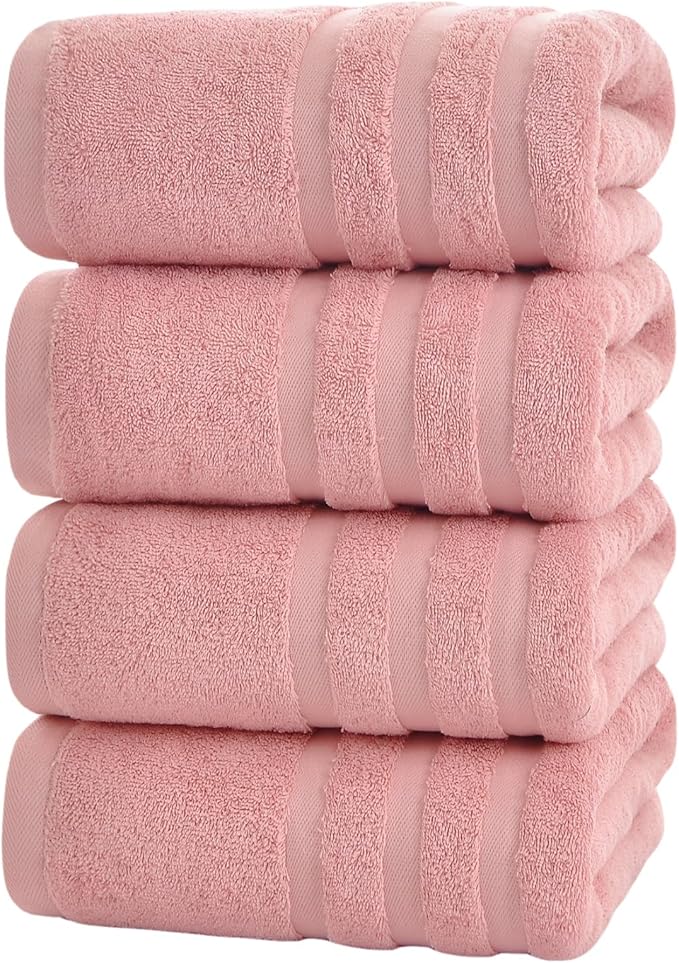 Bath Towels 4 Pack, 30 x 60 Inches, Large 100% Cotton Towels, Soft, Absorbent, Comfortable for Home, Spa, and Gym, (Pink)