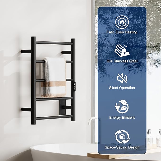 Heated Towel Racks, Towel Warmer Rack for Bathroom, Wall Mounted Electric Towel with Built-in 24hr Timer, Towel Rack Plug-in/Hardwired, Matte Black