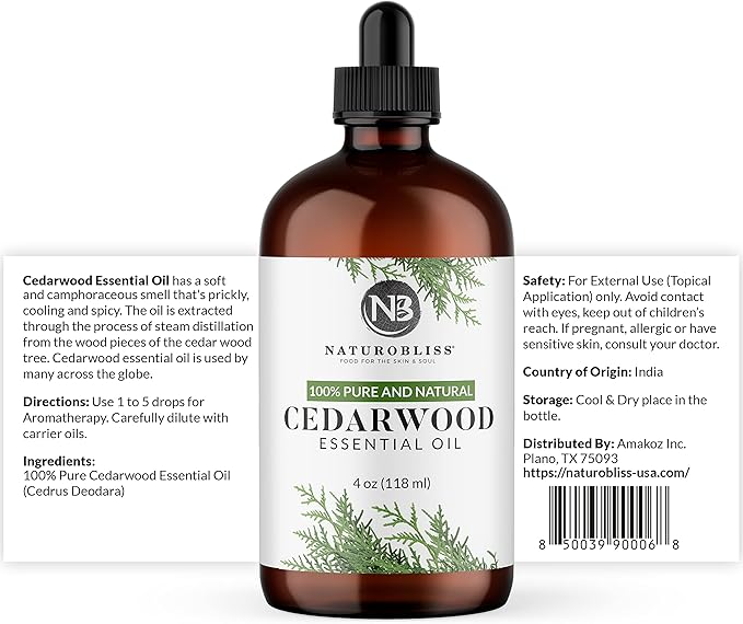 NaturoBliss Cedarwood Essential Oil – Huge 4 Fl Oz – 100% Pure and Natural – Premium Grade Essential Oil for Diffuser and Aromatherapy, Skin, Massage, Candle and Soap Making Fragrance