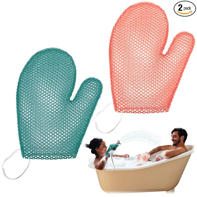 Karenhi 2 Pcs Honeycomb Exfoliating Glove Bath Mitt Body Spa Scrubber, Honeycomb Exfoliator Glove for Body Shower, Scrubber Sponge Shower Loofah, Quick Drying(Green,Pink)