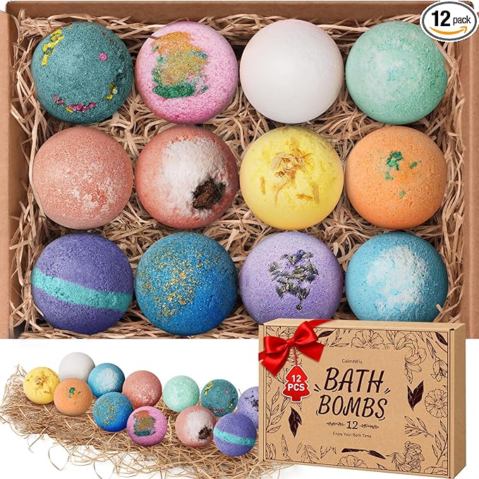 CalmNfiz Bath Bombs for Women, 12 PCS Bath Set, Natural Bubble Bathbombs with Shea Butter, Dry Skin Moisturizing, Present for Christmas, Birthday, Valentine’s Day for Mom, Wife, Her, Girls