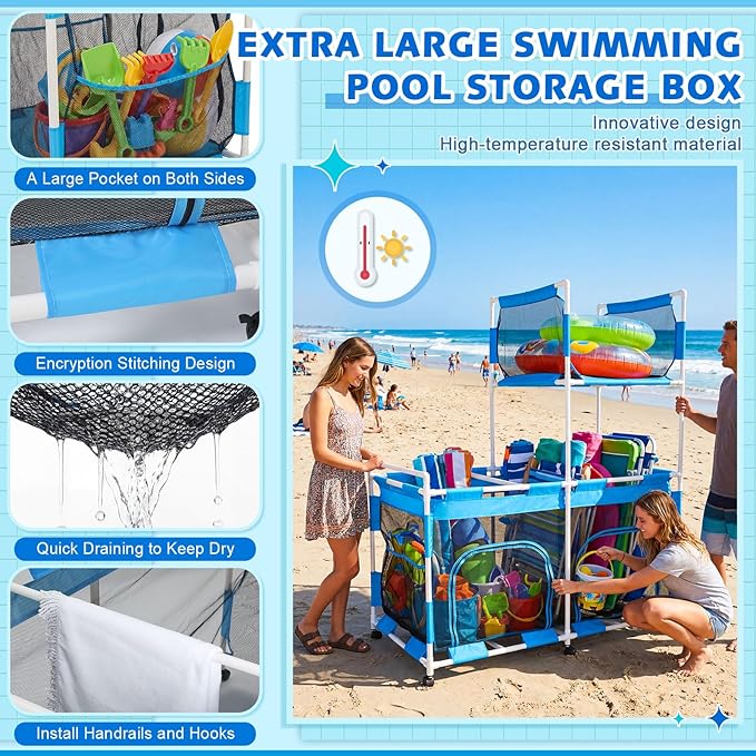 Briwooody 2-Tier Pool Float Storage Bin, 333 Gallon Large Rolling Pool Toy Organizer with Wheels, 67" H Outdoor Mesh Storage Cart with Zipper & Hooks for Floats, Noodles, Towels, Backyard, Patio