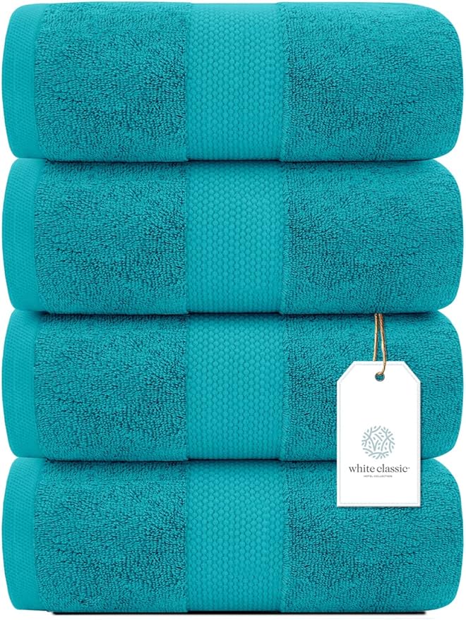 White Classic Luxury Bath Towels Large - Cotton Hotel spa Bathroom Towel |30x56 | 4 Pack | Aqua