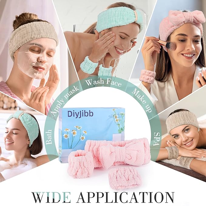 DiyJibb 9 Pcs Spa Headband for Washing Face,Skincare Headband and Wristband Set,Women Teen Girls Facial Hairbands for Washing Face, Makeup, Sports, Yoga (light green + pink +khaki)