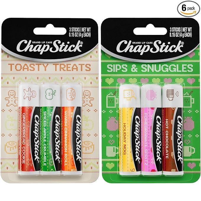 ChapStick Lip Balm, Holiday Variety Packs (6 Sticks) – Sips & Snuggles + Toasty Treats Flavored Lip Moisturizers, Stocking Stuffers, Gifts, 0.15 Oz Ea