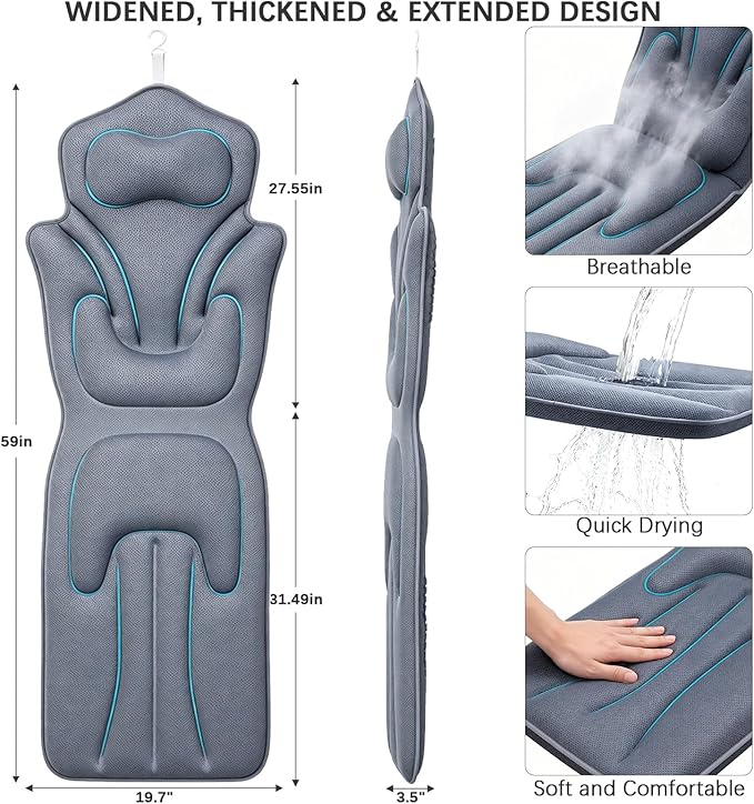 Ergonomic Full Body Bath Pillow for Bathtub, 5D Luxury Spa Cushion with 114 Non-Slip Suction Cups, Extra Long Thick Bath Pillow for Full Body Support, for Adult with Laundry Bag & Hook