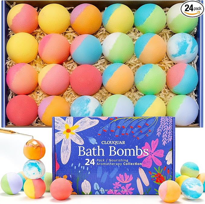 Hemp Oil Bath Bombs Women Gift Set, 24 Pack Natural Bubble Bath Spa Kit with Pure Essential Oils, Refreshing & Relaxing Bath Gift for Birthday, Mother’s Day & Valentine’s Day