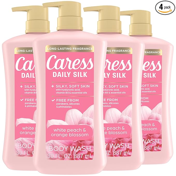 Caress Body Wash With Pump Daily Silk White Peach & Orange Blossom Body Soap for Noticeably Silky, Soft Skin 30 fl oz, 4 Pack