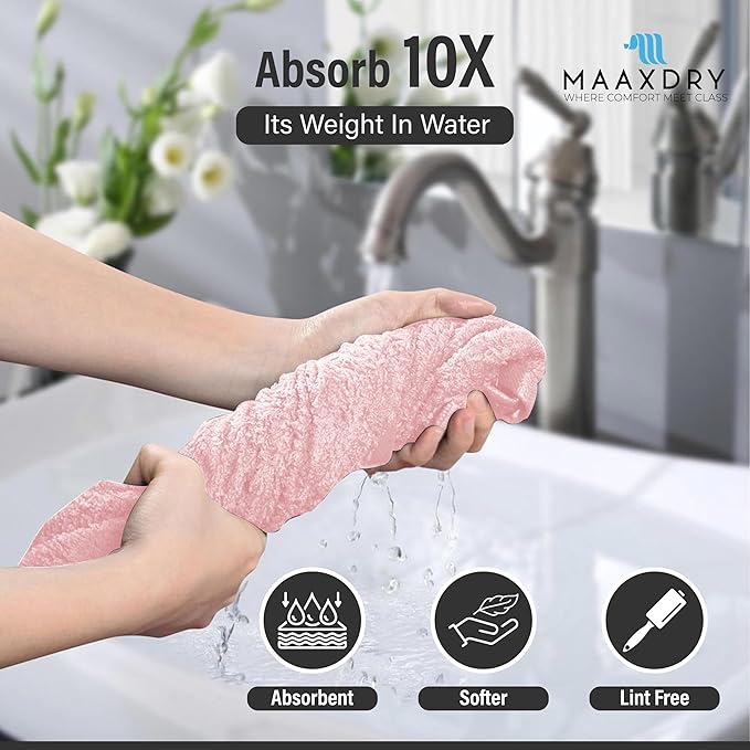 100% Cotton Large Hair Towel Wrap for Women, Men & Kids – Non-Microfiber 450 GSM Thick Super Absorbent Hair Towel 26x40 Inches, Secure Elastic Hair Wrap for Long & Curly Hair (Pink)