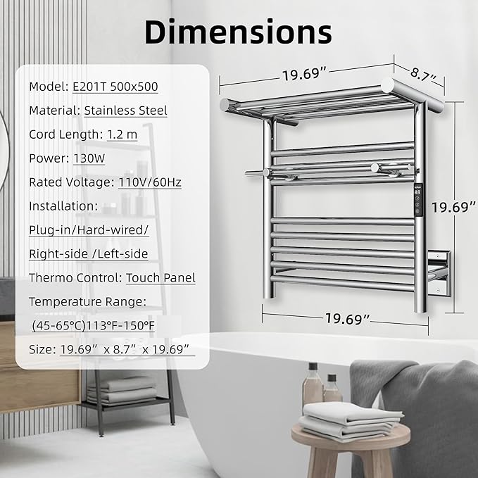 P&Dlusir Heated Towel Warmer with Top Shelf, Heated Towel Rack for Bathroom, H 19.69" x W 19.69", Wall Mounted Towel Warmer Rack, Hard-Wired/Plug-in, Polished