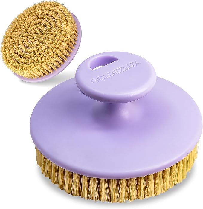 GOLDEZLUX® Dry Body Brush Cruelty-Free Firm Bristles Exfoliate Promote Smooth Skin, Dry Brushing Stimulate Blood Flow, Lymphatic Drainage, Prevent Ingrown Hair - Large Size & Comfortable Grip (Purple)