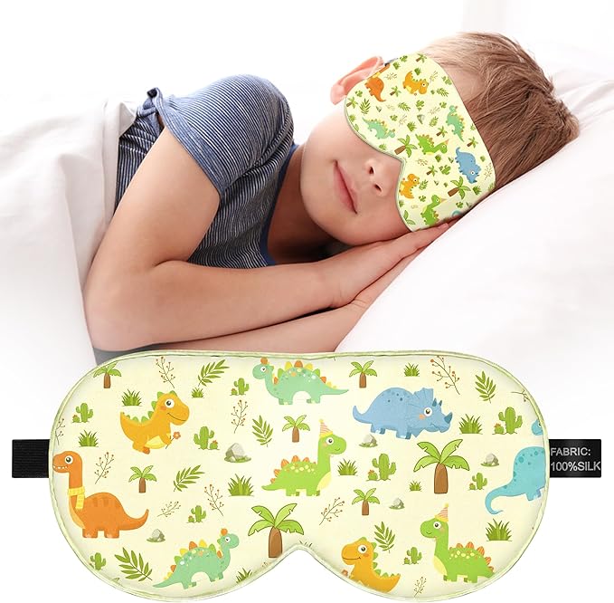 Kids Sleep Mask Eye Cover: 100% Real Natural Pure Silk Eye Mask with Adjustable Strap, Funny Blindfold Kids Eye Mask for Sleeping, Soft & Lightweight Eye Shade for Boys Girls Teens (Dinosaur Style)