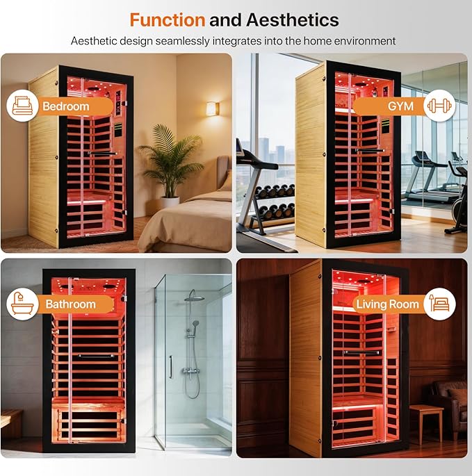 OUTEXER One Person Sauna Far Infrared Saunas Room Obeche Wood 1350W Dry Saunas Spa with 7 Starry Sky Light 35.4 * 35.4 * 70.8inch