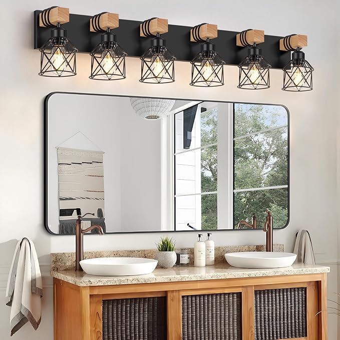 FadimiKoo 6-Light Farmhouse Bathroom Lighting Fixtures, Wood Black Vanity Lights Over Mirror, Rustic Wall Sconces Lighting with Metal Lampshade, Vintage Wall Lights for Bedroom, Living Room, Hallway