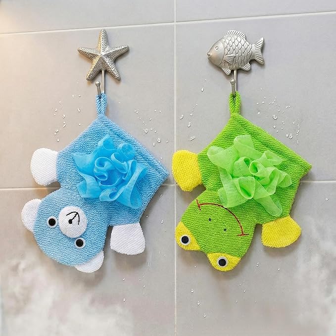 Cute Bath Gloves Loofah - 2 PCS Kids Animal Bath Gloves Body Scrubber, Double-Side Exfoliating Shower Sponges, Washcloths Mitts for Gentle Soft and Easy to Lather (Bear Frog)