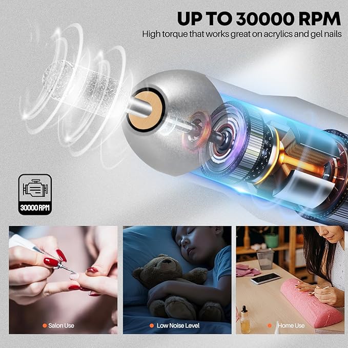 Droyek Electric Nail Drill Portable Nail Drill Professional 30000 RPM 13 Salon Quality Drill bits 50 Sanding Bands Portable & Low Noise for Acrylic Nails Gel Polishing Removing Bits Kit for Home Use