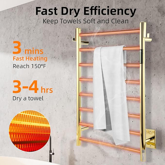 P&Dlusir Towel Warmer, Heated Towel Rack with Smart Timer and Thermo Control, Wall-Mounted Heated Towel Rail, Stainless Steel, Hard-Wired/Plug-in, Polished Gold, 8 bar