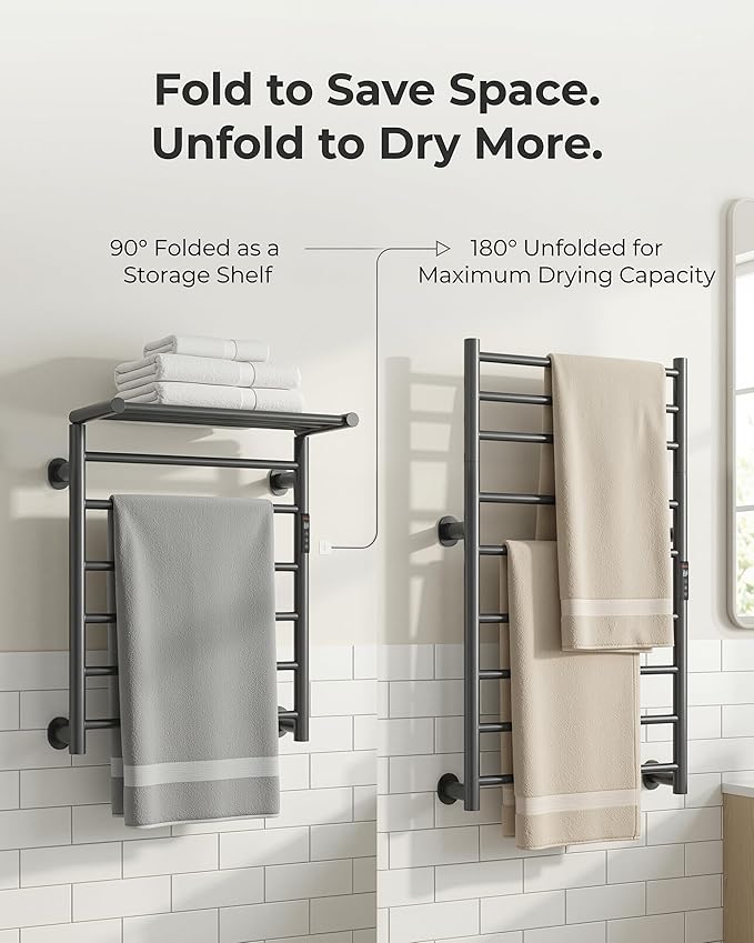 Foldable Heated Towel Rack, Dual-Zone Electric Towel Warmer Rack with Timer, GFCI Plug-in or Hardwired, Wall-Mounted, Drill-Free Installation, Twilight Grey, CA3-900X550-Standard-TG