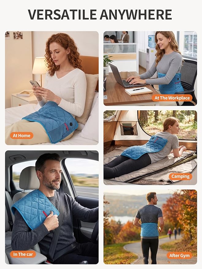 Vofuoti Portable Heating Pad, Cordless Weighted Heating Pads with Battery and 3 Heat Settings, Electric Heated Pad for for Back, Abdomen, Neck & Shoulder, Women Men, 12" x 24" (Blue-Pro, 12"x24")
