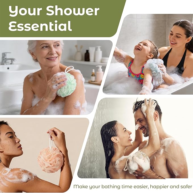 Yolaist Loofah Sponge 4 Pack, Exfoliating Body Scrubber for Shower, Soft Bath Sponges with Hanging Loop, 60G Gentle Loofah for Women Men (Pastel Colors)