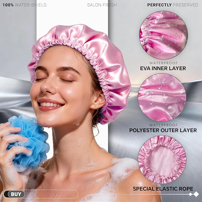 Smilco 4 Pack Shower Caps for Women, Reusable Waterproof Double Layer Bath Cap, Large EVA Elastic Hair Cover for Shower, Fits Long Hair & Braids, for Spa & Home