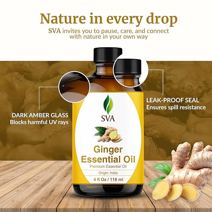 SVA Ginger Essential Oil – 4 Fl Oz – 100% Natural Ginger Oil - for Diffuser, Hair Care, Face, Skin Care, Aromatherapy, Scalp and Body Massage, Soap and Candle Making – with Dropper