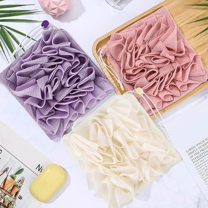 6 Pcs Washcloth Loofah Combo, 2 in 1 Bath Loofah Sponge with Drawstring, Exfoliation Mesh Shower Puff Ball for Body Wash Cleansing and Smooth Skin (Light Color)